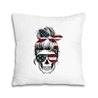 American Flag Skull Lady With Hair Bow And Glasses Flag Pillow | Mazezy