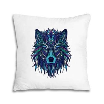 Blue Wolf Head Tribal Mandala Tattoo Art Pillow | Mazezy