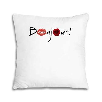 Bonjour Graphic With Lips And Rose Images Pillow | Mazezy