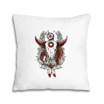 Bull Skull With Eagle Feathers American Indian Design Pillow | Mazezy