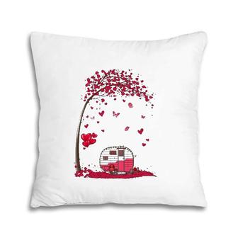 Camping Heart Tree Falling Hearts Valentine's Day Camper Pillow | Mazezy