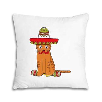 Cat Meow Sumbrero Mustache Mexican Funny Cinco De Mayo Gift Pillow | Mazezy