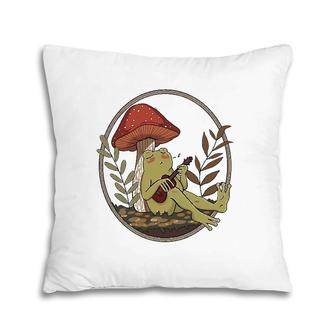 Cottagecore Aesthetic Frog Mushroom Playing Banjo Pillow | Mazezy