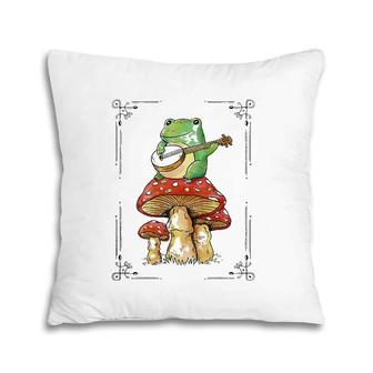 Funny Cottagecore Aesthetic Frog Playing Banjo On Mushroom Pillow | Mazezy