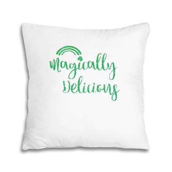 Glitter Magically Delicious Rainbow Shamrock St Patrick's Day Pillow | Mazezy