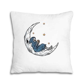 Halloween Coffee Drinking Skeleton Skull Sitting On The Moon Pillow | Mazezy