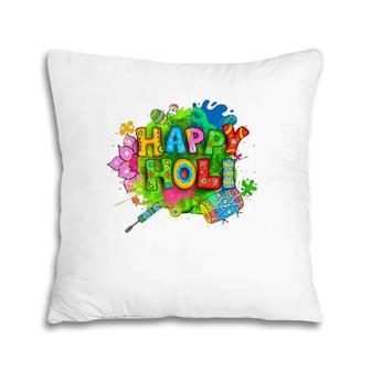 Happy Holi Beautiful Colors Dhol Pichkari Flowers Pillow | Mazezy