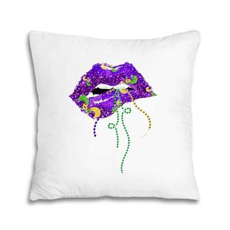 Mardi Gras Lips Queen Carnival Costume Purple & Gold Funny Pillow | Mazezy