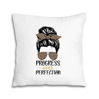 Progress Over Perfection Messy Bun Hair Teacher Leopard Pillow | Mazezy AU