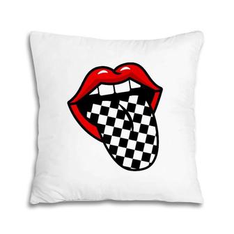 Red Lips Black White Checkered Tongue Pillow | Mazezy