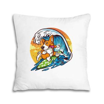 Surfing Welsh Corgi - Funny & Cute Hawaiian Dog Surfer Pillow | Mazezy