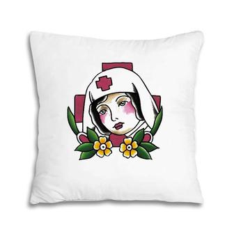 Traditional Nurse Tattoo Design Floral Pillow | Mazezy