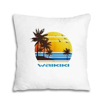 Waikiki Hawaii Island Beach Surf Sunset Palms Ocean Vacay Pillow | Mazezy