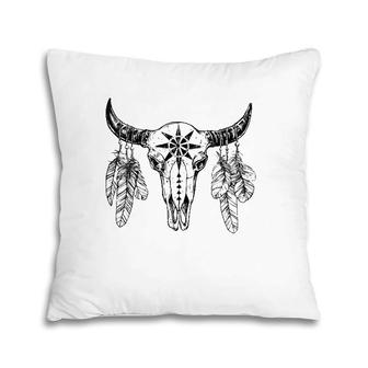 Western Rodeo Bull Skull With Feathers Pillow | Mazezy