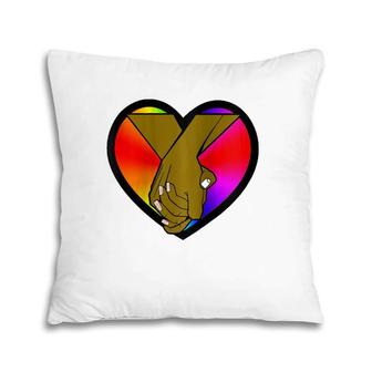 Womens African-American Couple Holding Hands Rainbow Pride Heart Pillow | Mazezy