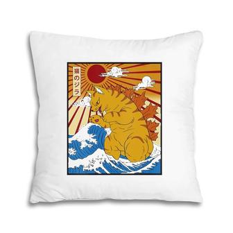 Womens Catzilla Vintage Funny Cute Cat Art Japanese Sunset Pillow | Mazezy