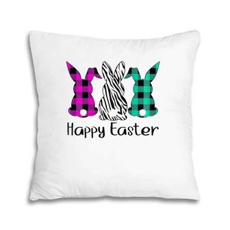 Womens Happy Easter Plaid Zebra Print Bunnies Easter Pillow | Mazezy