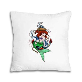 Womens Little Mermaid Under The Sea Tattoo Style Portrait V-Neck Pillow | Mazezy