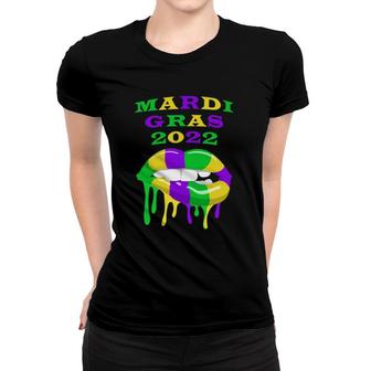 2022 Biting Lips Mardi Gras Biting Lips Yellow Green Purple Women T-shirt | Mazezy