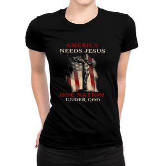 America Needs Jesus One Nation Under God Cross American Flag Vintage Women T-shirt | Mazezy
