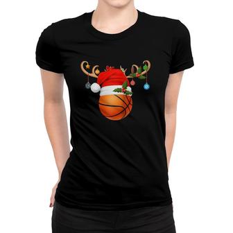 Basketball Player Reindeer Santa Hat Basketball Christmas Raglan Baseball Tee Women T-shirt | Mazezy