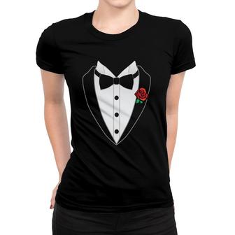 Black And White Tuxedo Bow Tie Red Rose Gift Women T-shirt | Mazezy