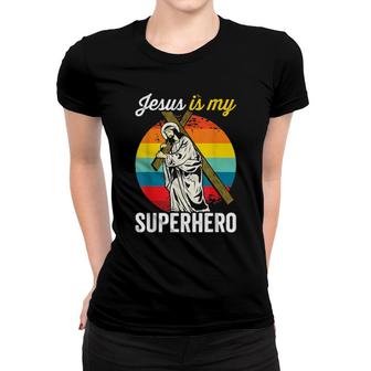 Christian Retro Sunset Jesus Is My Superhero Women T-shirt | Mazezy