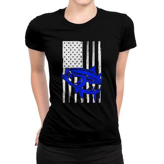 Distressed American Usa Flag Blue Tuna Fish Deep Sea Fishing Women T-shirt | Mazezy