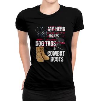 Dog Tags Military My Hero Wears Dog Tag Combat Boots Premium Women T-shirt | Mazezy