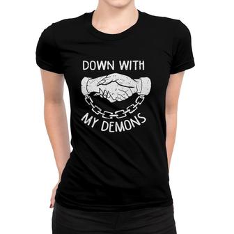 Down With My Demons Deal Handshake Aesthetic Humour Goth Premium Women T-shirt | Mazezy