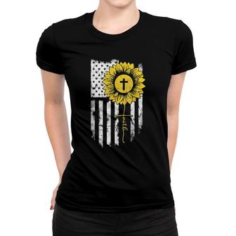 Faith Sunflower Cross Jesus Flag American Usa Christian Women T-shirt | Mazezy
