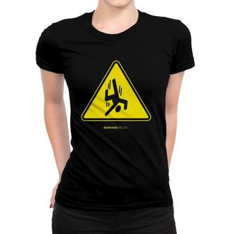 Falling Guy Funny Sign Warning Yellow Triangle Women T-shirt | Mazezy