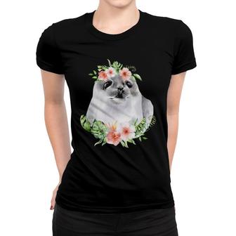 Floral Harp Seal With Tropical Hawaii Flowers Baby Sea Lion Women T-shirt | Mazezy