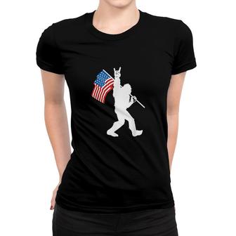 Funny Bigfoot Rock And Roll Usa Flag For Sasquatch Believers Women T-shirt | Mazezy