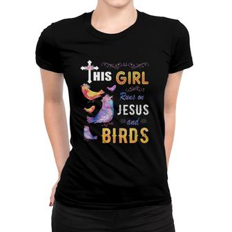 Funny Gift Watercolor Girl Run On Jesus And Birds Women T-shirt | Mazezy