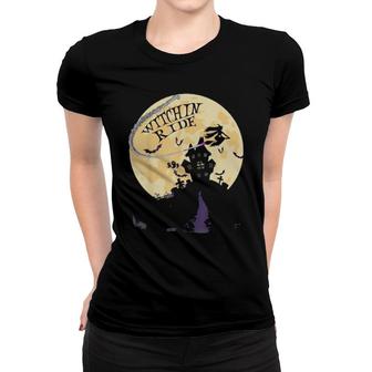 Funny Halloween Witch Riding Broom Full Moon Witchin Ride Women T-shirt | Mazezy