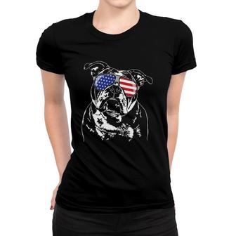 Funny Proud Old English Bulldog American Flag Sunglasses Women T-shirt | Mazezy
