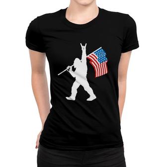 Funny Sasquatch Rock And Roll Usa Flag For Bigfoot Believers Women T-shirt | Mazezy