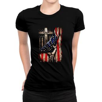 God Jesus Christ Proud Usa Flag Cross Behind American Women T-shirt | Mazezy