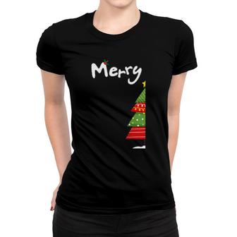 Half Merry Christmas Tree Couples Matching Women T-shirt | Mazezy
