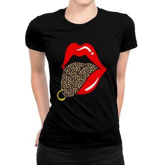 Hot Red Lips Leopard Tongue Golden Piercing Trendy Animal Women T-shirt | Mazezy