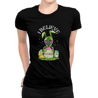 I Believe Bunny Rabbit Alien Easter Egg Hunting Funny Women T-shirt | Mazezy