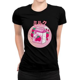 Japanese Kawaii Strawberry Retro 90S Milk Shake Carton Funny Women T-shirt | Mazezy