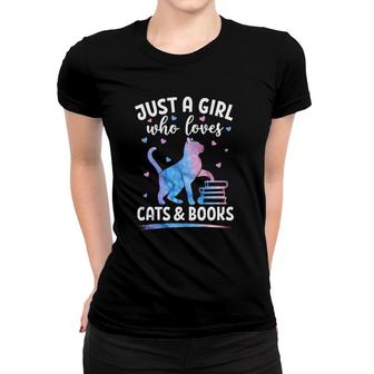 Just A Girl Who Loves Cats & Books Watercolor Cat Book Lover Women T-shirt | Mazezy