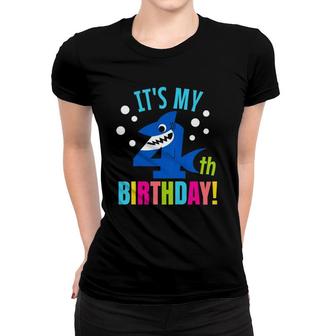 Kids 4 Years Old 4Th Shark Party Birthday Baby Gift Girls And Boys Women T-shirt | Mazezy