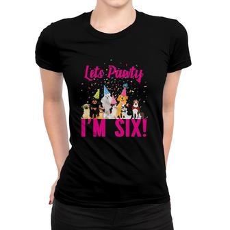 Kids Lets Pawty I'm Six Puppy Dog Themed Birthday Party Outfit Women T-shirt | Mazezy