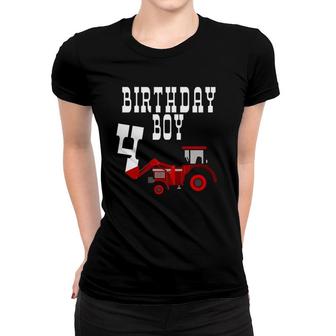 Kids Red Farm Tractor Birthday Boy 4 Years Old Party Four Women T-shirt | Mazezy