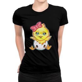 Kids Yellow Baby Chick With Pink Bow Girls Women T-shirt | Mazezy