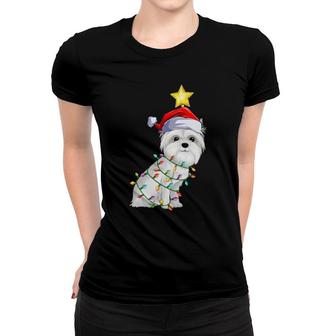 Maltese Dog Xmas Lighting Tree Matching Maltese Christmas Women T-shirt | Mazezy