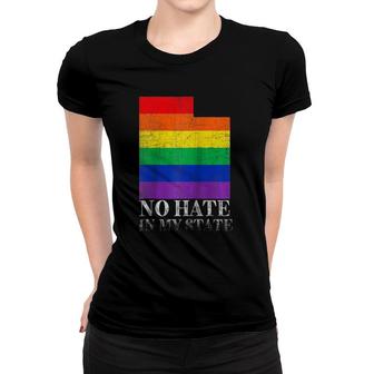 No Hate In My State Utah Map Lgbt Pride Rainbow Flag Gift Raglan Baseball Tee Women T-shirt | Mazezy